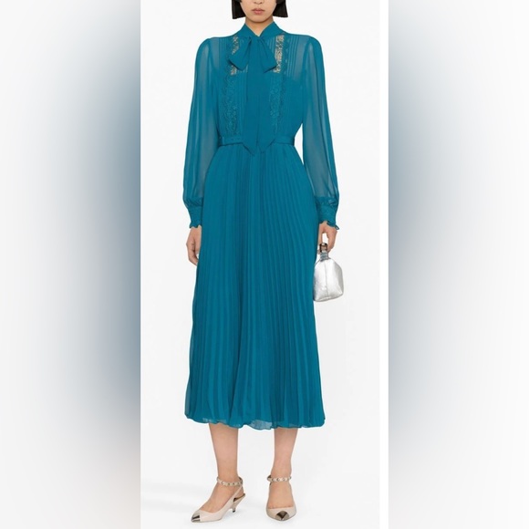 knee length dresses for ladies Blue Chiffon Short Sleeve Midi Dress – self-portrait-US